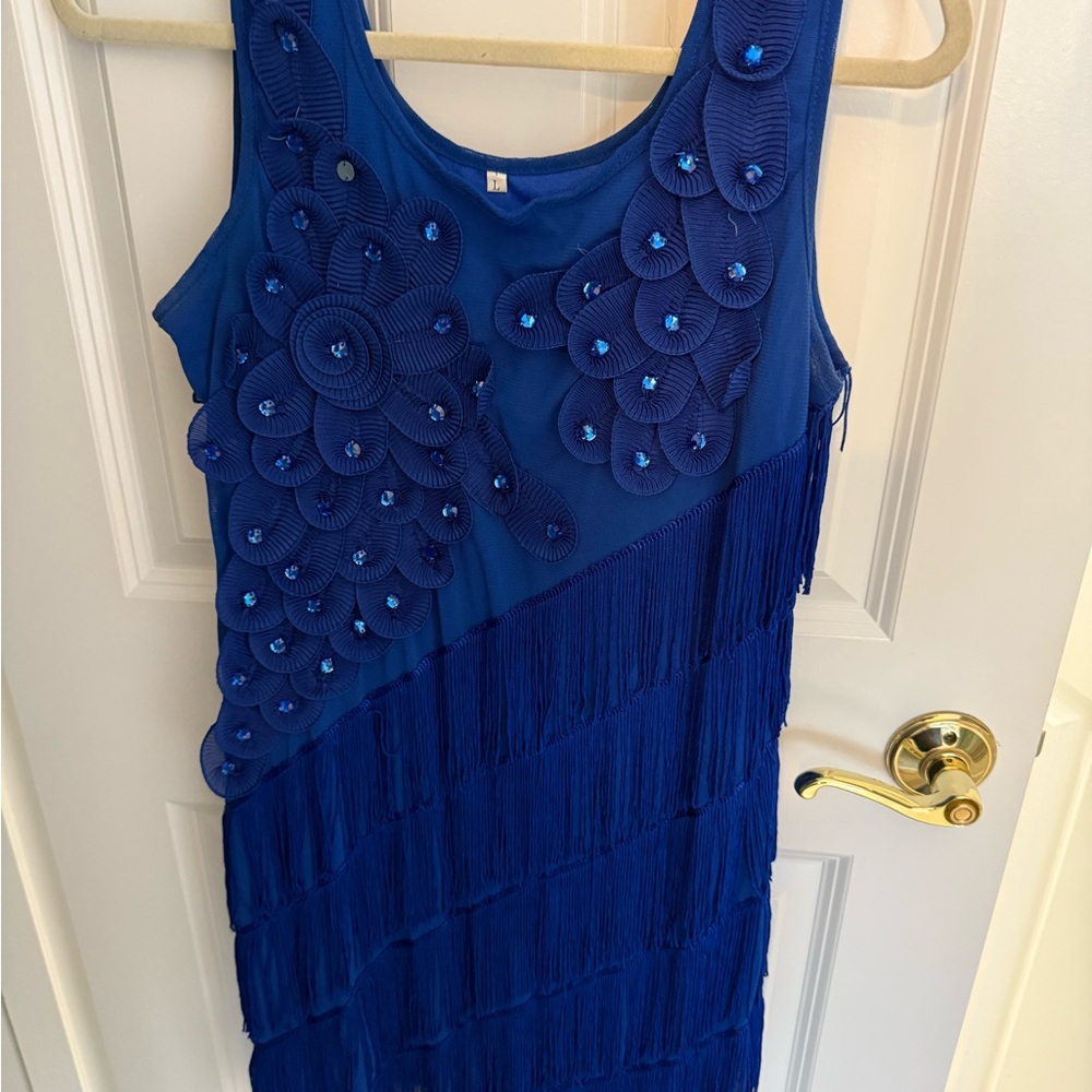 Blue Sleeveless “Flapper”Dress with Fringe and Floral Accents